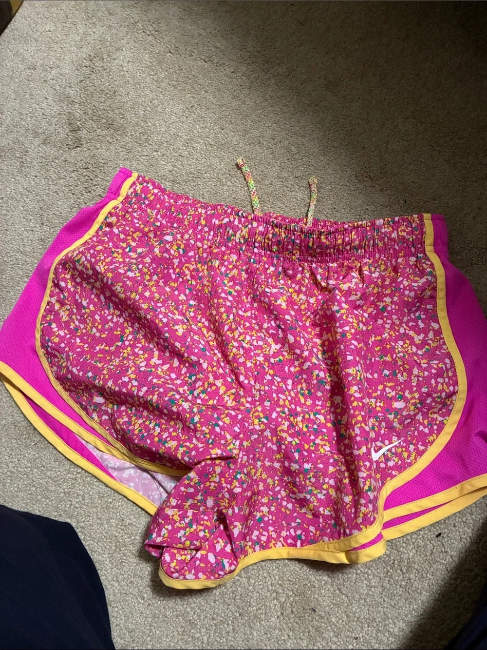 Nike Bright Pink Confetti Athletic Shorts with Yellow Trim